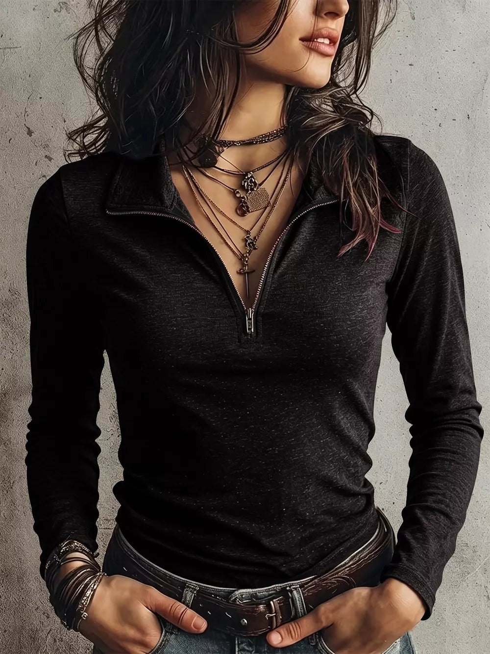 t-shirt in charcoal featuring zipper and slim fit