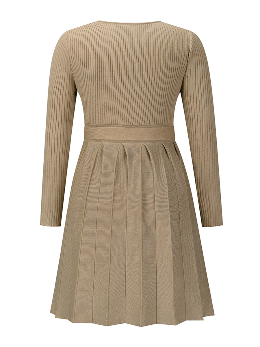 Khaki ribbed knit wrap dress with long sleeves and a pleated skirt.