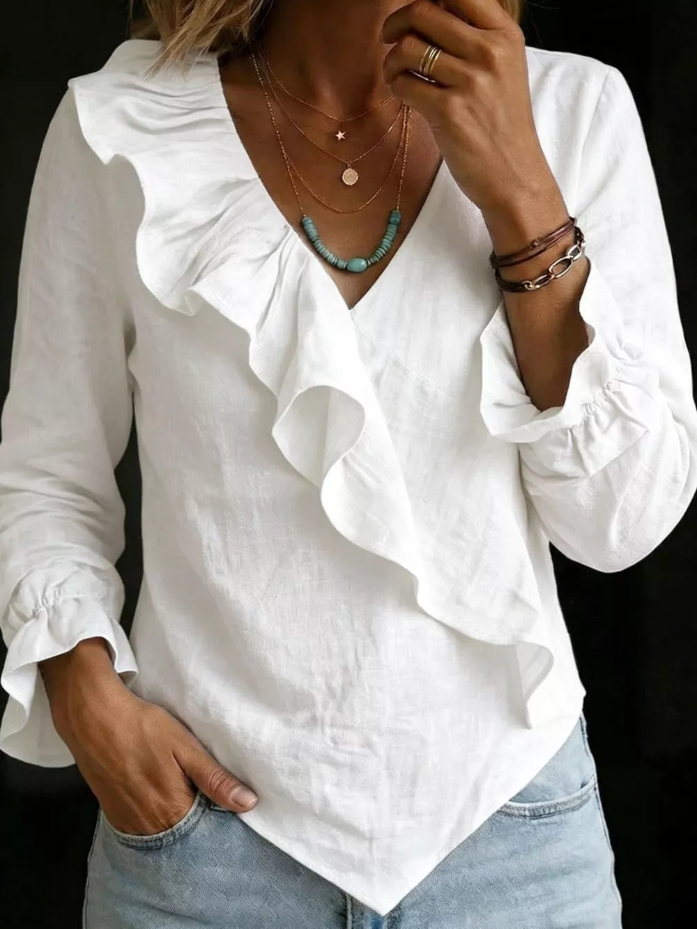 White Full Size Ruffled Long Sleeve Blouse