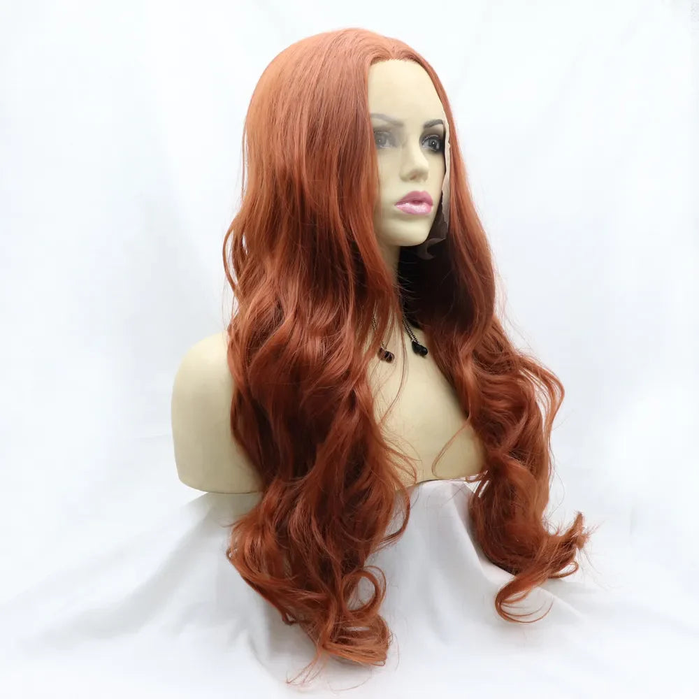 Orange lace front wig with long, wavy hair styled on a mannequin.