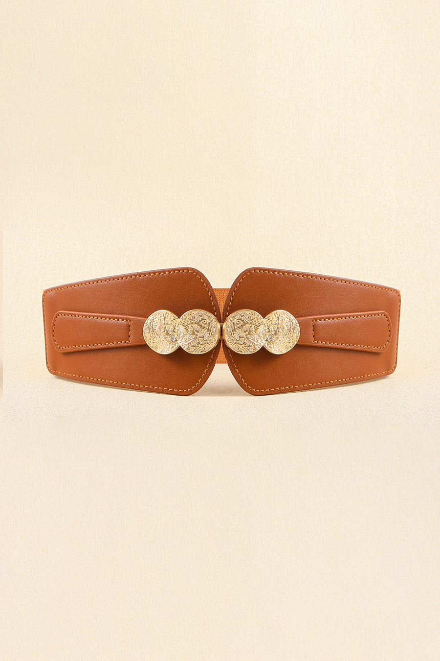 Caramel faux leather belt with embossed gold clasp and elastic back