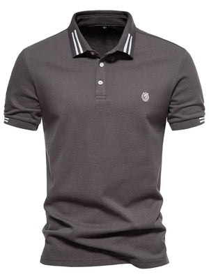 Dark Gray textured polo shirt with white striped collar and sleeve details.
