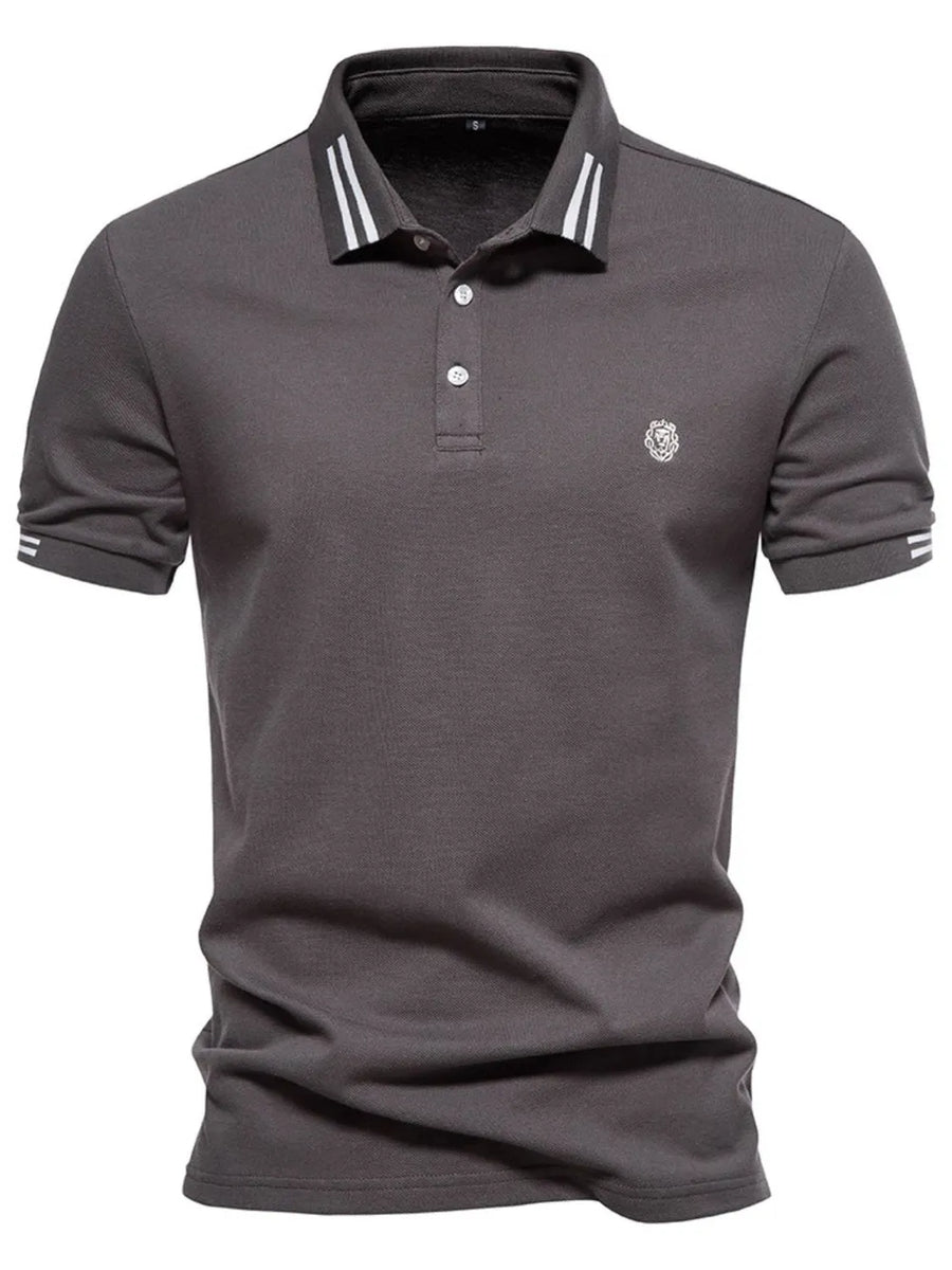 Dark Gray textured polo shirt with white striped collar and sleeve details.