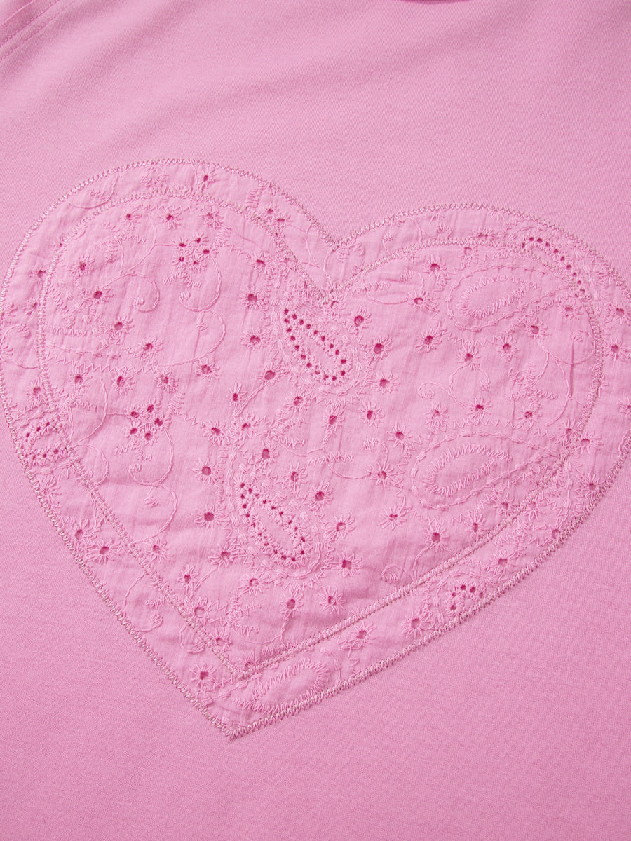Pink cotton crew-neck sweatshirt with embroidered heart detail