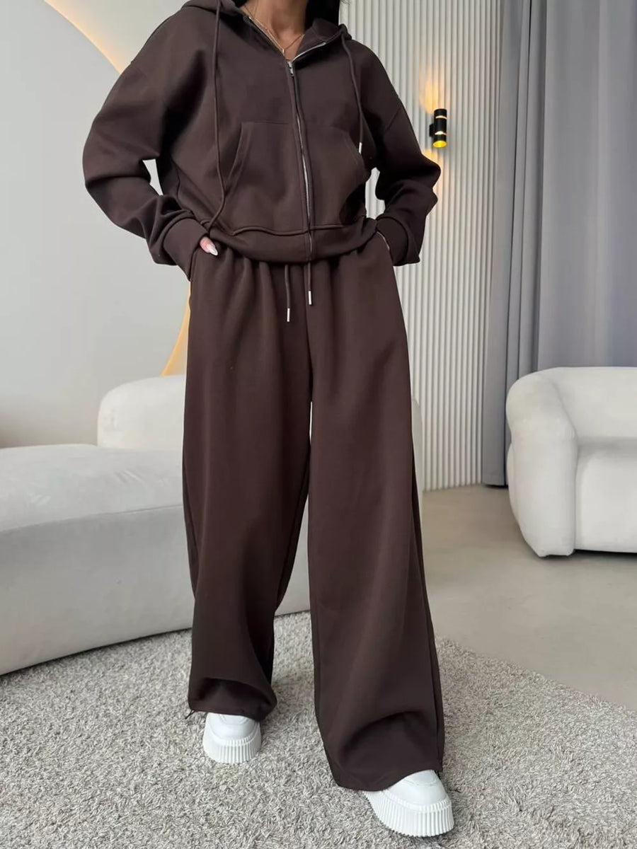 Yellow relaxed, wide-leg lounge set with hooded