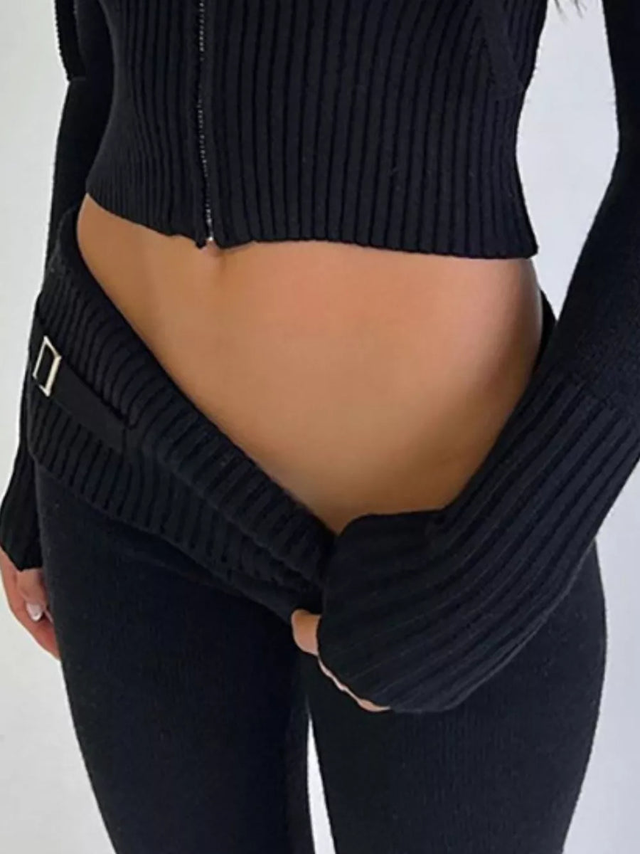 Brown Zip Up Hooded Cardigan And Pants Sweater Set