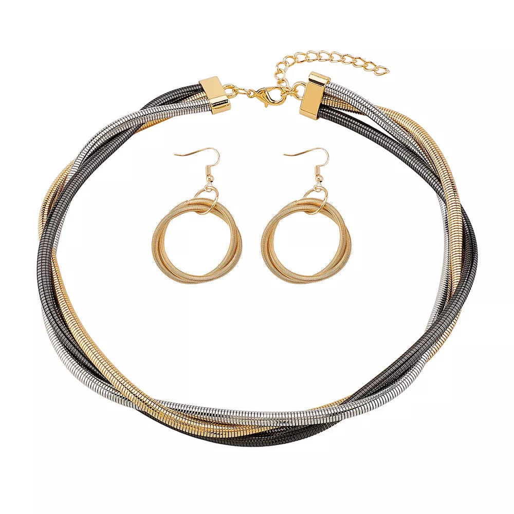 jewelry set in silver with multi-layered and choker length
