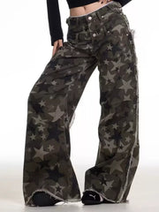 Star-embellished distressed wide-leg jeans in cotton with raw hem.