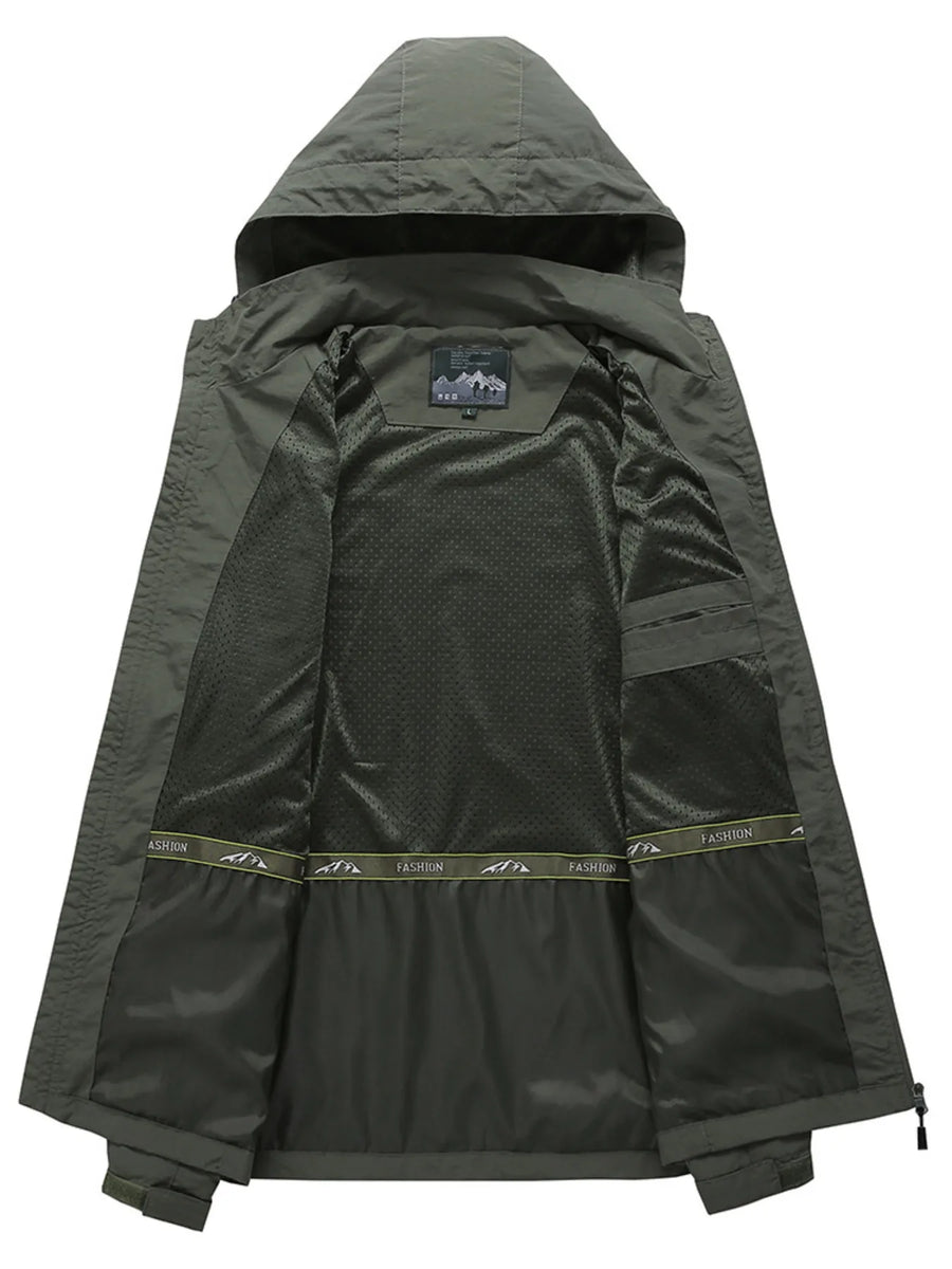 Army green hooded windbreaker jacket interior with mesh lining and pocket detail