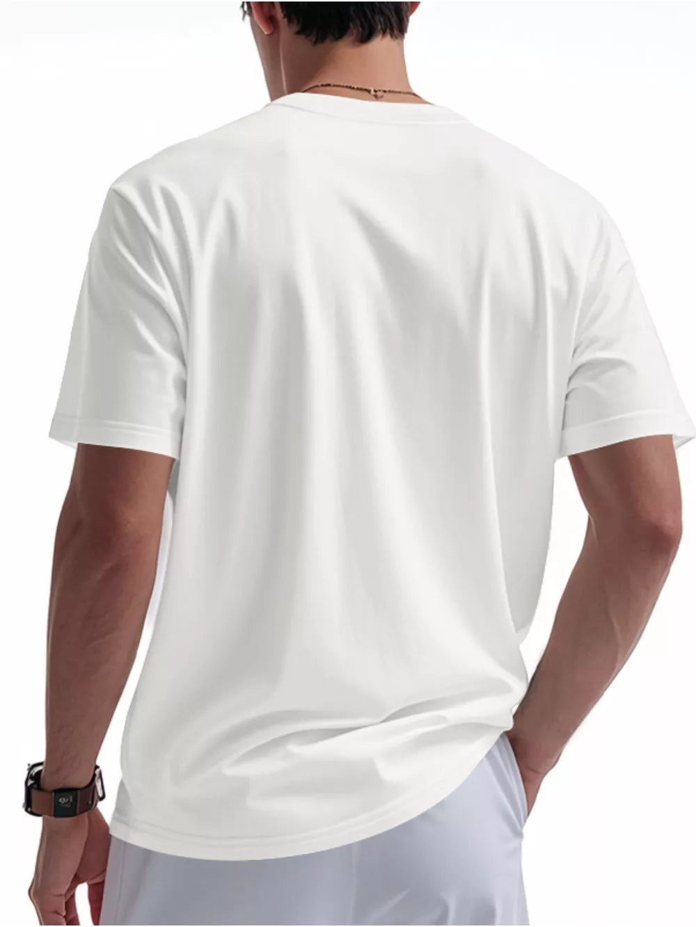 Men's white casual t-shirt with short sleeves and crew neck, shown from the back.