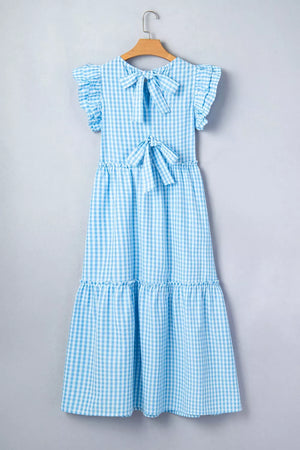 Blue gingham tiered maxi dress with ruffled sleeves and knot back detail