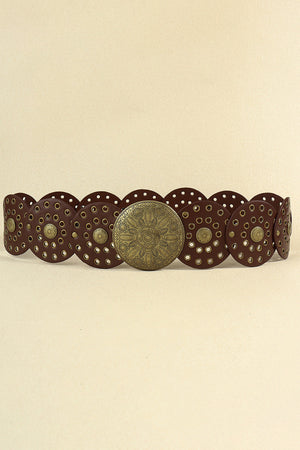 Chocolate embossed medallion and studded belt with scalloped edges