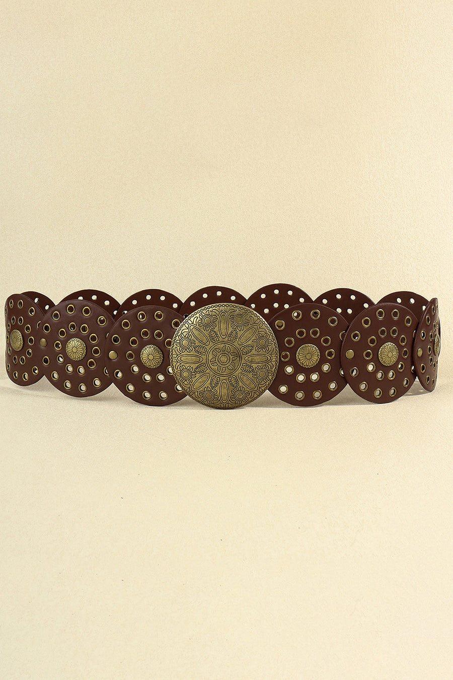 Chocolate embossed medallion and studded belt with scalloped edges