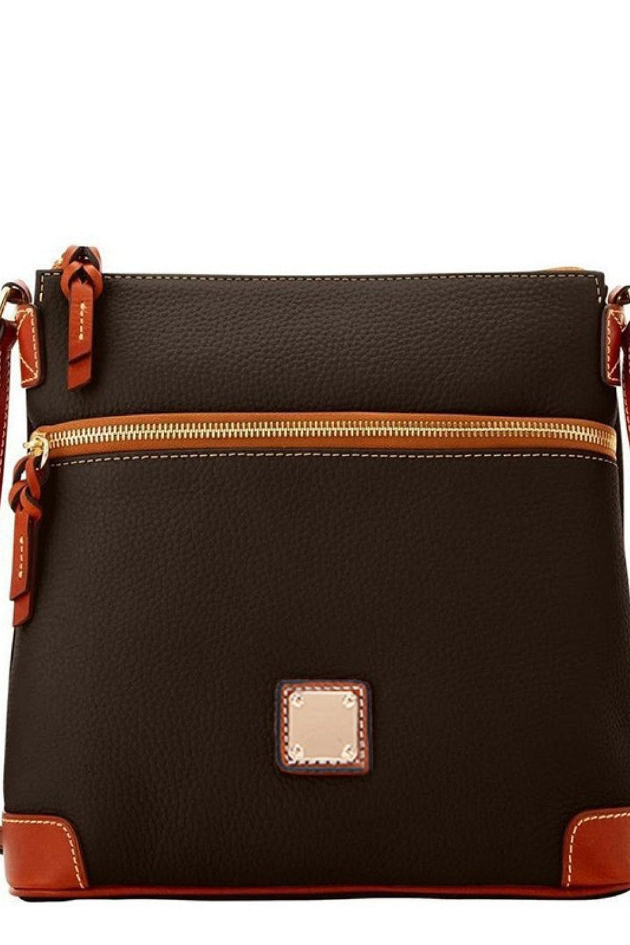 Golden Hour Leather Crossbody in Black/Brown with tan trim and gold zipper.