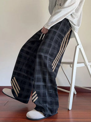 Green Men's Plaid Wide-leg Sweatpants With Side Stripes