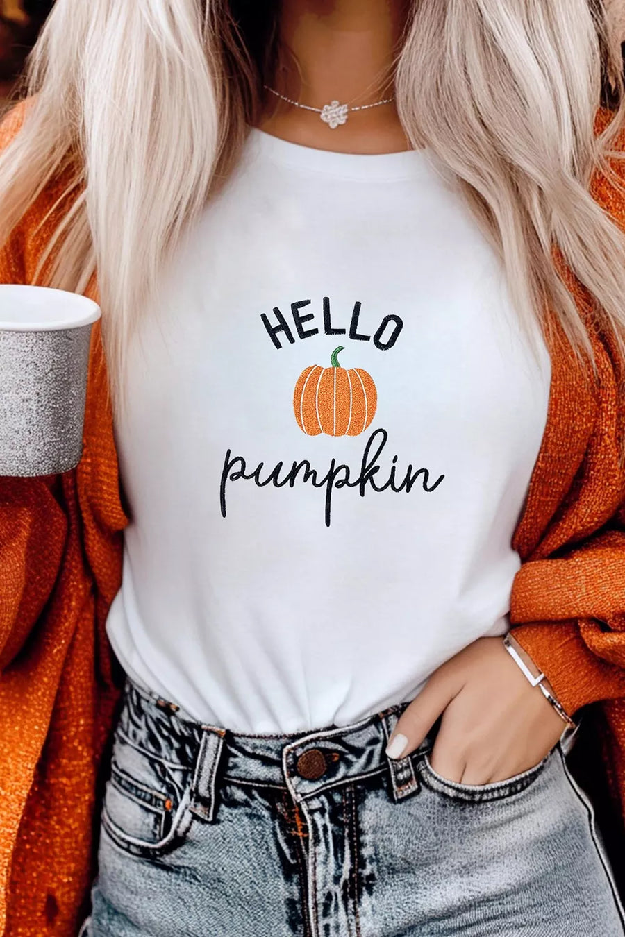 Embroidered Pumpkin Slogan Short Sleeve T-shirt option 4