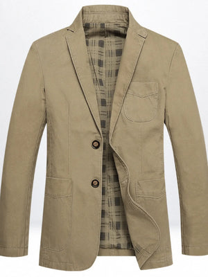 Light Khaki casual button-up cotton blazer for men with plaid lining and flap pockets.