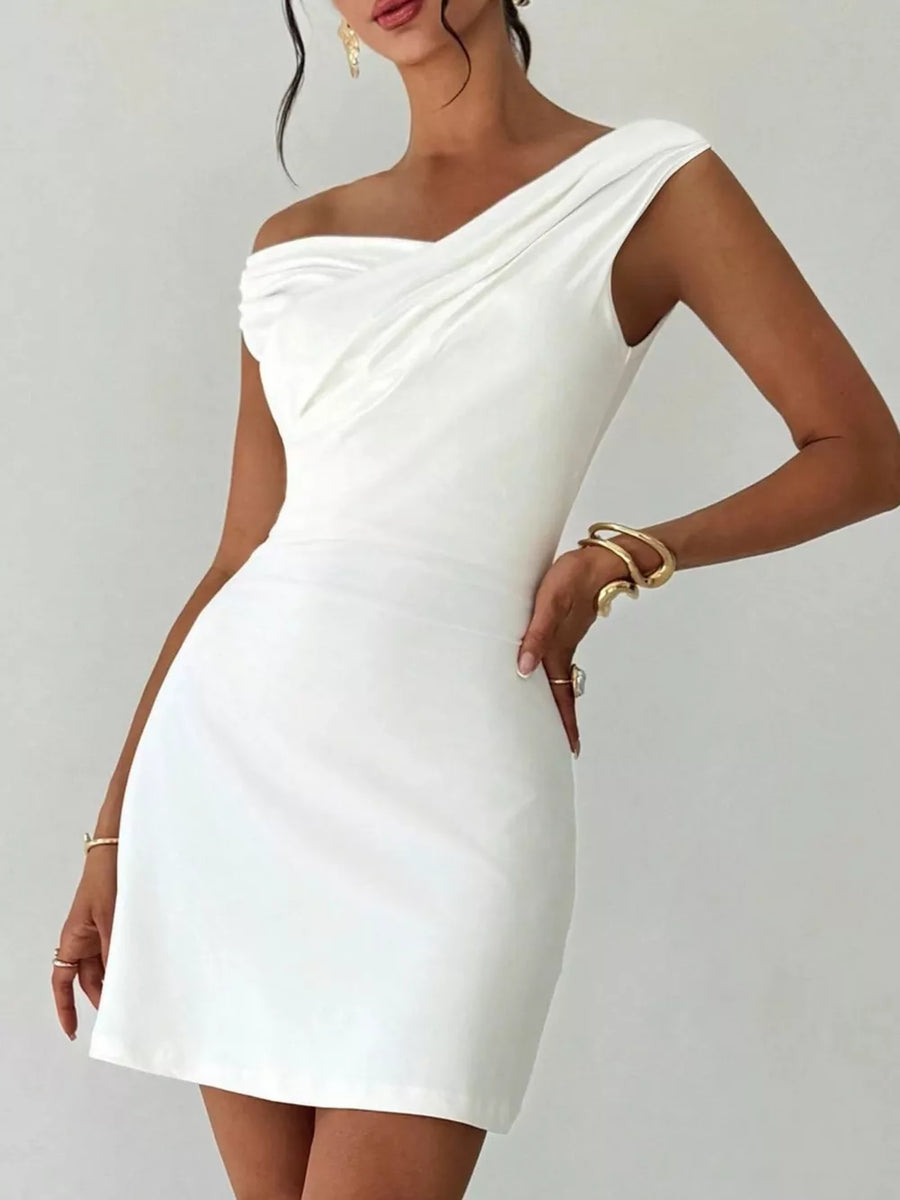 White draped sweetheart off-shoulder mini dress with a fitted silhouette.