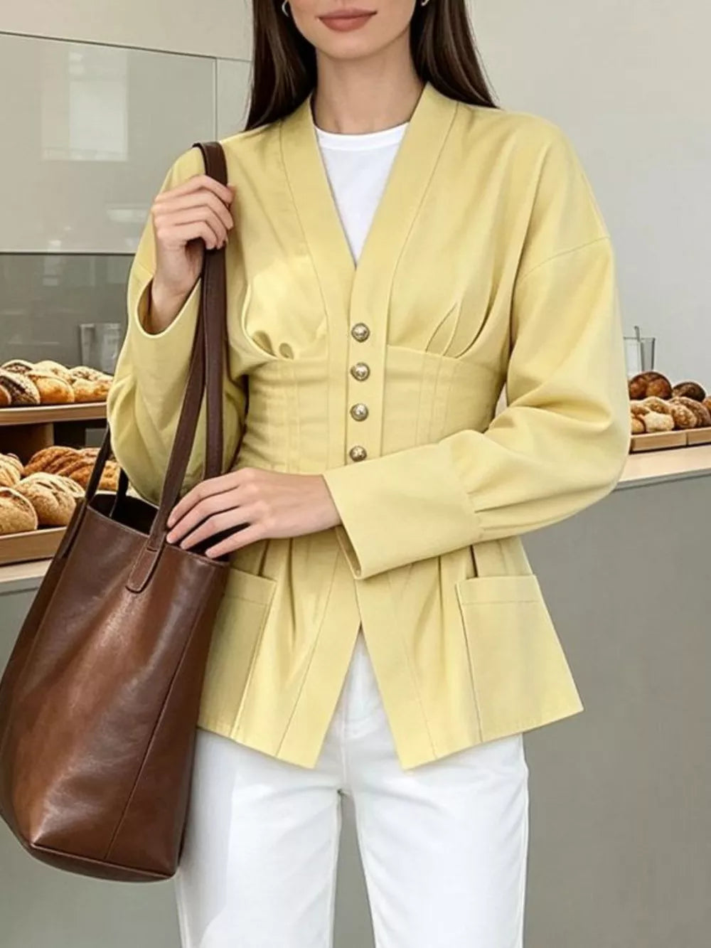 Pleated Waist Blouse With Button Detail in Yellow with buttoned