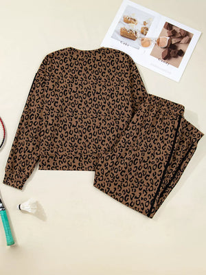 Leopard print loungewear set with long sleeves and drawstring joggers.