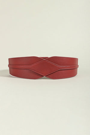 Burgundy elastic belt with sculpted waist detail and criss-cross design