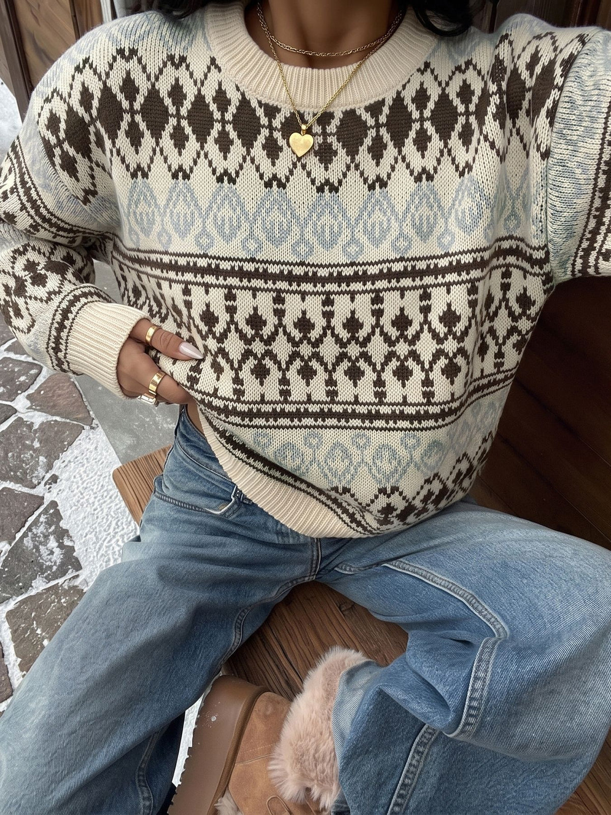 ivory pullover sweater with Fair Isle and crew neck