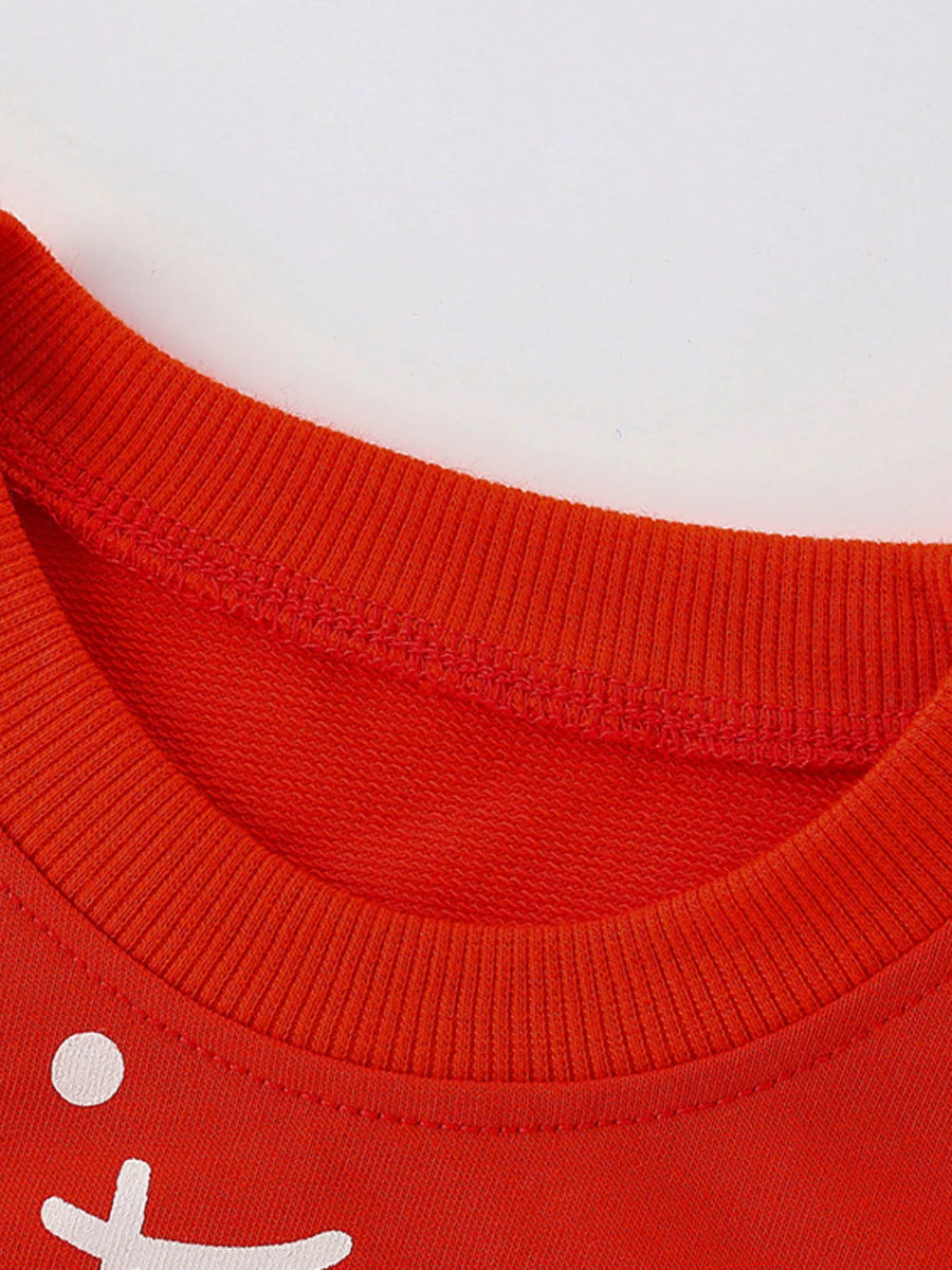 Red crew neck sweatshirt with white cat graphic detail