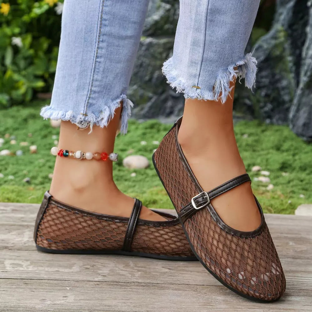 Brown mesh Mary Jane flats with buckle strap and dark trim