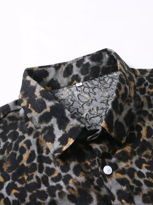 button-down shirt in slate gray with leopard-print and rolled sleeve