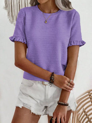 Purple textured t-shirt with ruffle sleeves and crew neck.
