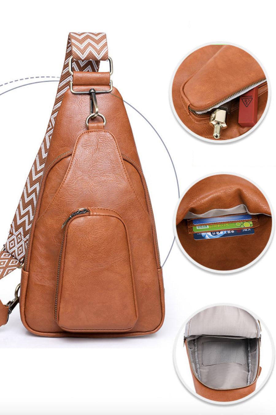 Brown PU sling bag with patterned strap, exterior zip pocket, and interior card slots.