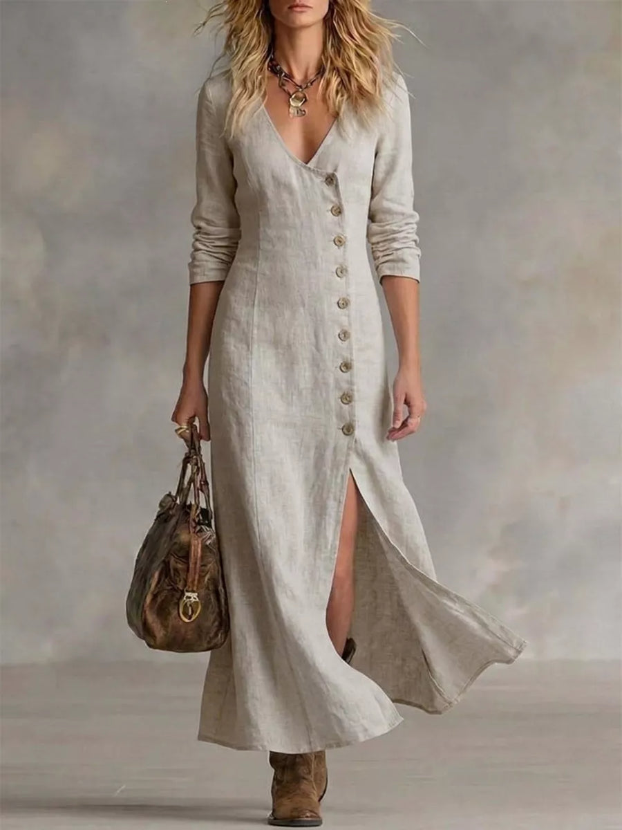 Khaki button-down maxi dress with V-neck and side slit