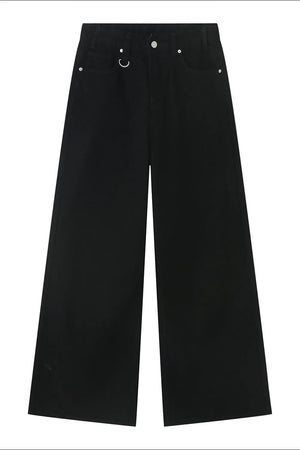 Black denim palazzo trousers with a wide leg and a silver ring detail at the waist.