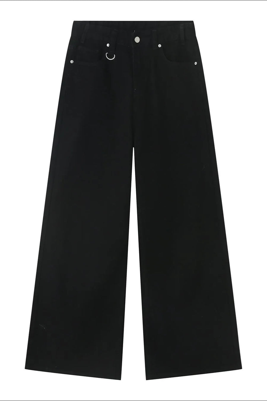 Black denim palazzo trousers with a wide leg and a silver ring detail at the waist.
