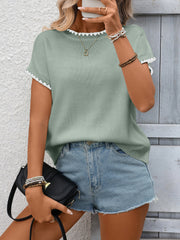 Bean green ribbed short-sleeve sweater with contrast white scalloped trim at neckline and sleeves.