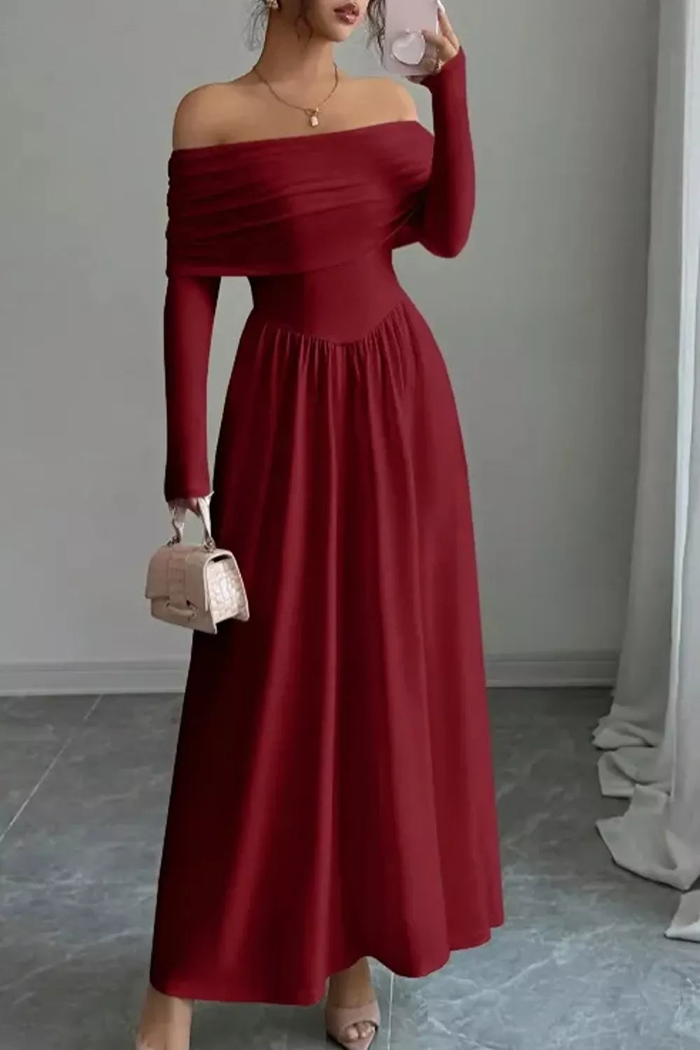 glam maxi dress in scarlet red with off-shoulder