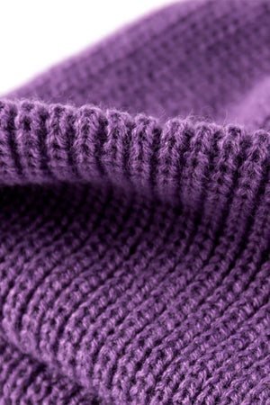Purple ribbed knit beanie with folded edge detail