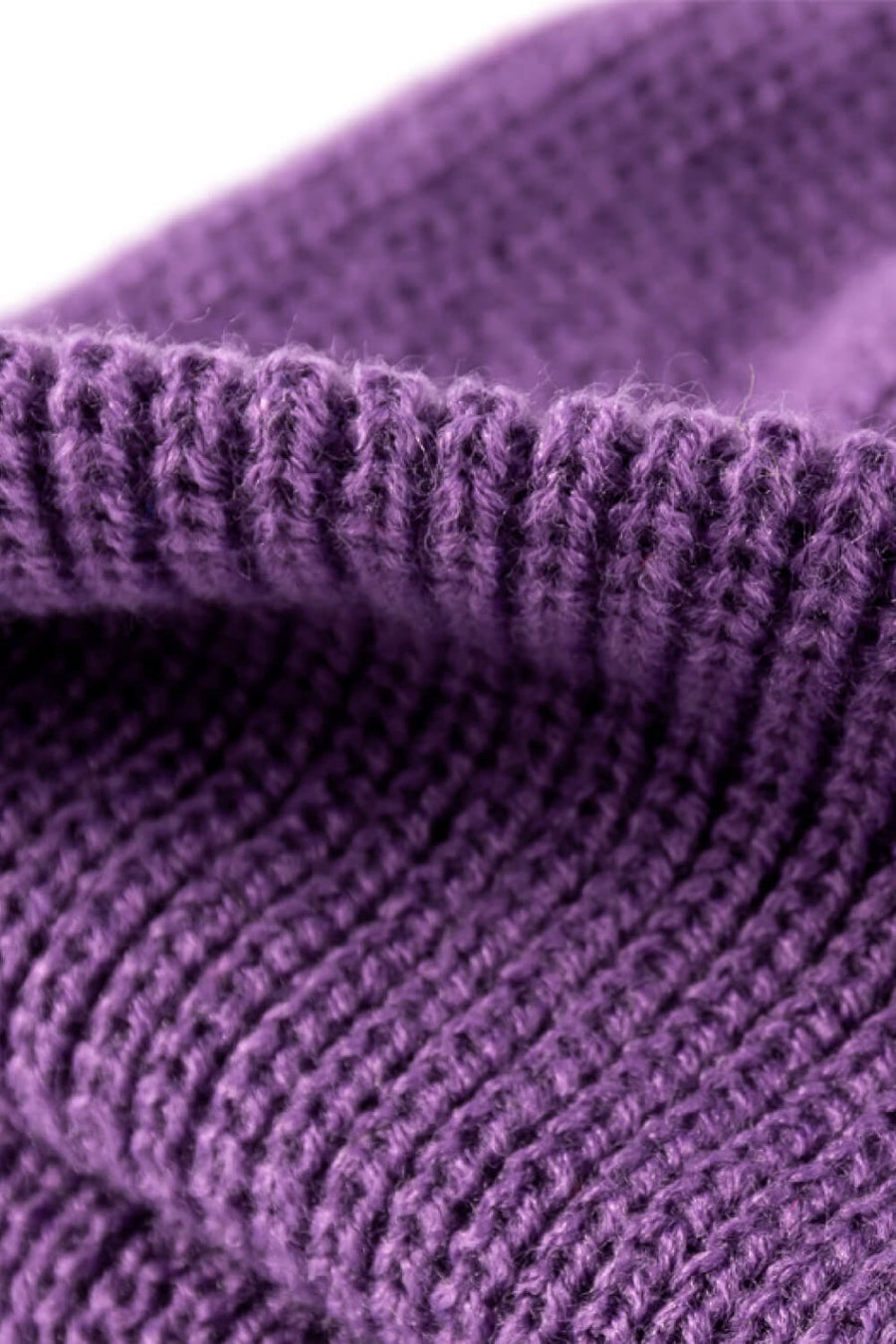 Purple ribbed knit beanie with folded edge detail