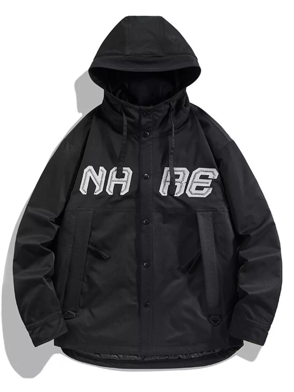 Black plus size snap-down hooded jacket with white embroidered lettering and adjustable hood.