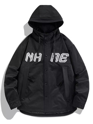 Black plus size snap-down hooded jacket with white embroidered lettering and adjustable hood.