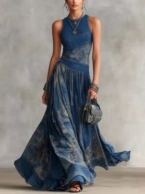 denim blue maxi dress with floral and round neck