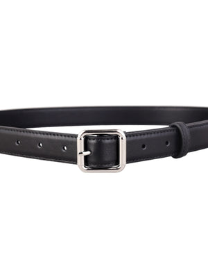Black cowhide leather belt with a silver square buckle and adjustable holes.