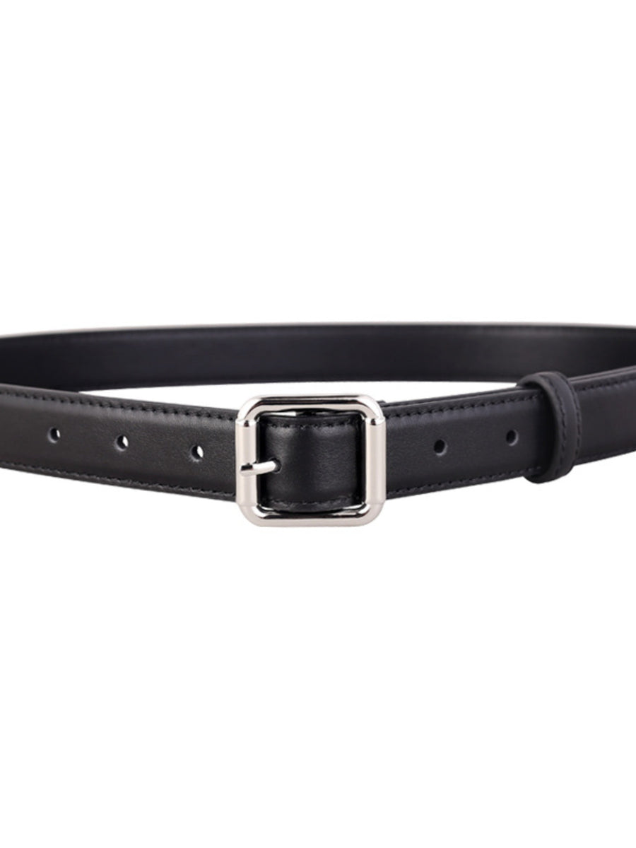 Black cowhide leather belt with a silver square buckle and adjustable holes.