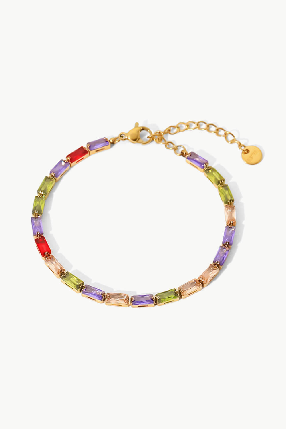 Gold chain bracelet with multi-colored baguette crystals