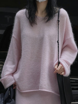 pullover sweater in light pink featuring openwork and oversized fit