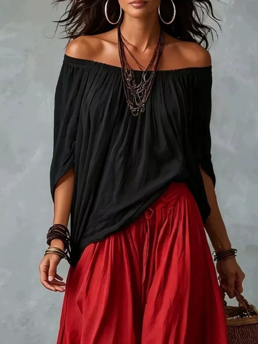 bohemian off-shoulder top in slate gray with off-shoulder