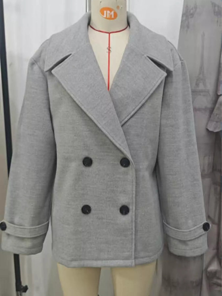 Light gray double-breasted wool blend pea coat with black buttons and cuffed sleeves.