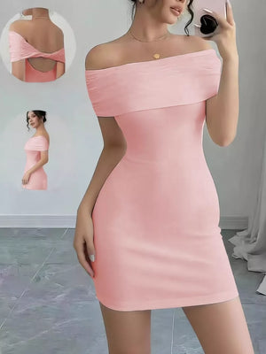 Pink off-the-shoulder bodycon mini dress with draped back detail.
