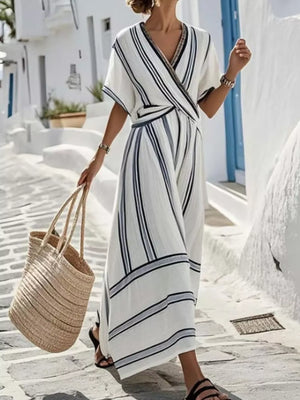 Striped Short Sleeve Wrap Maxi Dress Plus Size in White