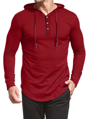 Deep Red long sleeve Henley hooded tee with button placket and curved hem